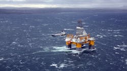 The Deepsea Aberdeen is a sixth-generation semisubmersible drilling rig with a dual derrick.