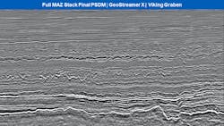 The full MAZ stack of the final PSDM processing shows an improved illumination in the Paleocene, Jurassic, and older sections. The full MAZ stack of the final PSDM processing shows an improved illumination in the Paleocene, Jurassic, and older sections.