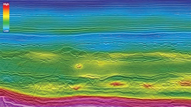 A full MAZ stack seismic section of the final PSDM processing with a partial velocity overlay, showing detailed polygonal faulting in the Paleocene section and improved reflection continuity at all levels. PGS data: GeoStreamer X Viking Graben 2019