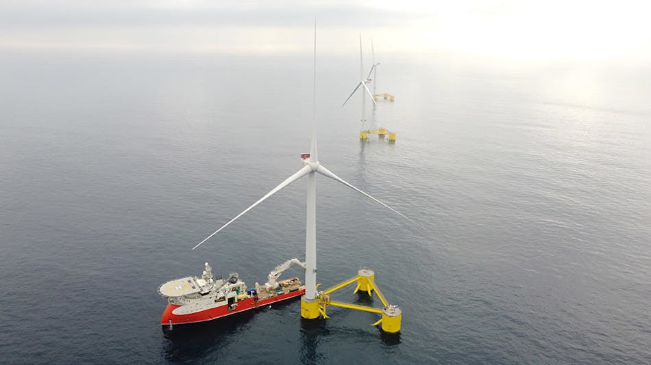 The WindFloat Atlantic project consists of an array of three 8.4 MW MHI Vestas turbines installed onto a moored semisubmersible platform.