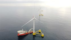The WindFloat Atlantic project consists of an array of three 8.4 MW MHI Vestas turbines installed onto a moored semisubmersible platform. The WindFloat Atlantic project consists of an array of three 8.4 MW MHI Vestas turbines installed onto a moored semisubmersible platform.