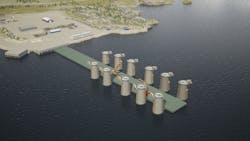 How the 11 concrete hulls might line up along the quayside ahead of integration with the Siemens Gamesa wind turbines.