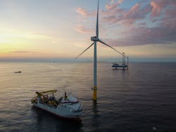 The jackup vessel Vole au vent and multi-purpose vessel Adhémar de Saint Venant at work at CVOW. The jackup vessel Vole au vent and multi-purpose vessel Adhémar de Saint Venant at work at CVOW.