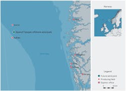 Location of the Hywind Tampen wind park. Location of the Hywind Tampen wind park.