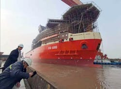 The JSD 6000 pipelay derrick and heavy-lift vessel at the ZPMC Qidong shipyard in China.