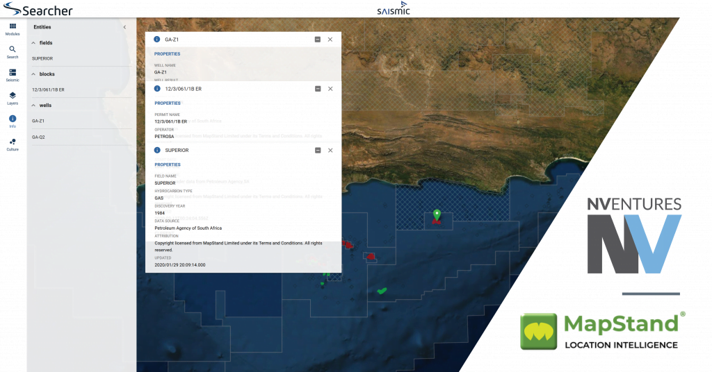 Image showing sAIsmic interface with pin location in South Africa with info tabs for the field, well, and block at the pin location.