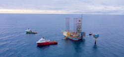 The mobile offshore drilling and production platform M&aelig;rsk Inspirer at the Yme field in the southern Norwegian North Sea.