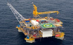 The Okume/Ebano TLP is installed in about 500 m (1,640 ft) of water offshore Equatorial Guinea.