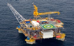 The Okume/Ebano TLP is installed in about 500 m (1,640 ft) of water offshore Equatorial Guinea. The Okume/Ebano TLP is installed in about 500 m (1,640 ft) of water offshore Equatorial Guinea.