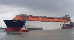 The FLNG vessel Gimi is under conversion in Singapore. The FLNG vessel Gimi is under conversion in Singapore.