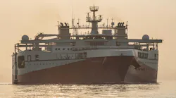 The Ramform Atlas is towing 10 densely spaced streamers each more than 8 km (5 mi) long near the plume of the Congo River.