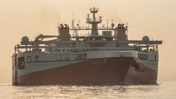 The Ramform Atlas is towing 10 densely spaced streamers each more than 8 km (5 mi) long near the plume of the Congo River. The Ramform Atlas is towing 10 densely spaced streamers each more than 8 km (5 mi) long near the plume of the Congo River.