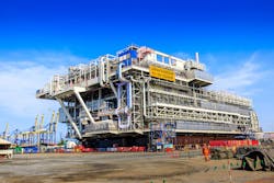 The 14,500-ton main support frame module for the Johan Sverdrup processing platform II. The 14,500-ton main support frame module for the Johan Sverdrup processing platform II.