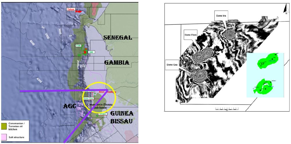AGC Shallow block offshore Guinea Bissau, with location of Dome Gea, Dome Flore, and Dome Iris.