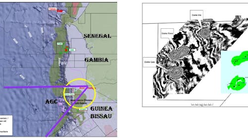 AGC Shallow block offshore Guinea Bissau, with location of Dome Gea, Dome Flore, and Dome Iris.