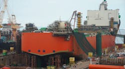 The Johan Castberg FPSO hull at the Sembcorp Marine yard in Singapore.
