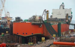 The Johan Castberg FPSO hull at the Sembcorp Marine yard in Singapore. The Johan Castberg FPSO hull at the Sembcorp Marine yard in Singapore.