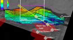 Map showing Vic/P47 exploration permit boundary (White line), EMP licensed area of new seismic acquisition (Purple line) and Line of seismic section (Yellow line).