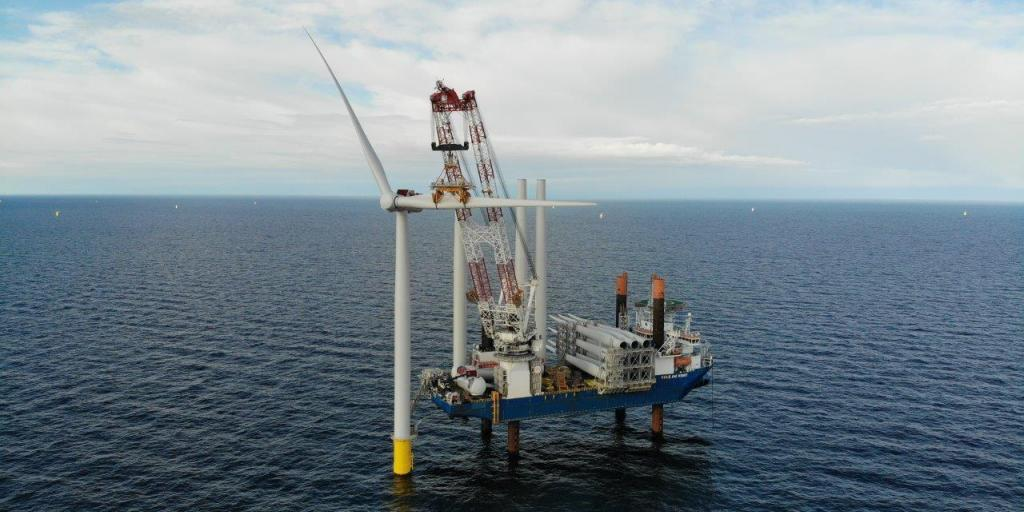 The jackup vessel Vole au vent at the Kriegers Flak wind farm offshore eastern Denmark.