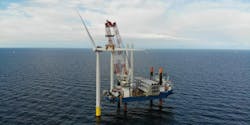 The jackup vessel Vole au vent at the Kriegers Flak wind farm offshore eastern Denmark. The jackup vessel Vole au vent at the Kriegers Flak wind farm offshore eastern Denmark.