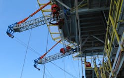 The Conbit team recently completed installations for deck extensions and modules which were beyond crane reach for an oil field project in Indonesia. The Conbit team recently completed installations for deck extensions and modules which were beyond crane reach for an oil field project in Indonesia.