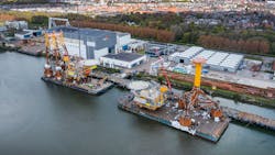 Blythe and Southwark platforms ready for load-out. Blythe and Southwark platforms ready for load-out.