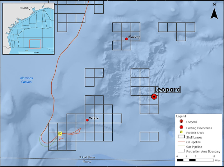 El descubrimiento de petróleo Leopard se encuentra a 394 km al sur-sureste de Houston.