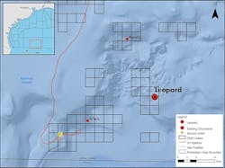 The Leopard oil discovery is ~245 mi (394 km) south-southeast of Houston. The Leopard oil discovery is ~245 mi (394 km) south-southeast of Houston.