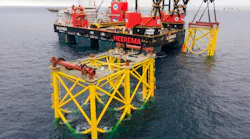 Heerema’s crane vessel Sleipnir installing the new Tyra jackets in the Danish North Sea.