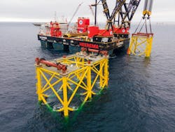 Heerema’s crane vessel Sleipnir installing the new Tyra jackets in the Danish North Sea. Heerema’s crane vessel Sleipnir installing the new Tyra jackets in the Danish North Sea.