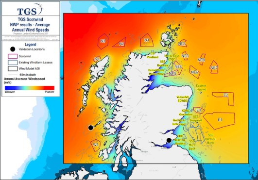 The TGS Wind Energy Model is designed to cover a large area around the current ScotWind lease blocks.