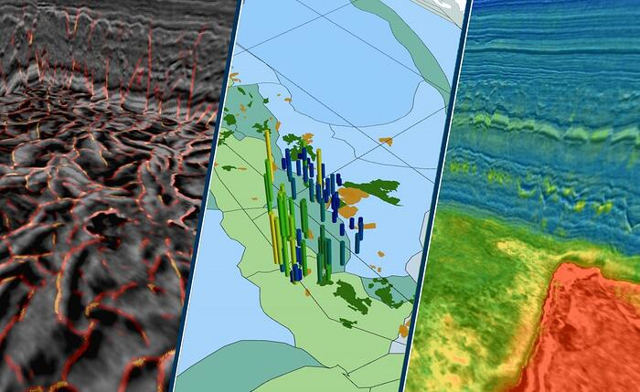 Example derivative seismic products from the Utsira ocean bottom node survey include (L-R) fault mapping, geobody extraction, and 3D property prediction.