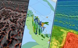 Example derivative seismic products from the Utsira ocean bottom node survey include (L-R) fault mapping, geobody extraction, and 3D property prediction.
