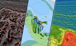 Example derivative seismic products from the Utsira ocean bottom node survey include (L-R) fault mapping, geobody extraction, and 3D property prediction. Example derivative seismic products from the Utsira ocean bottom node survey include (L-R) fault mapping, geobody extraction, and 3D property prediction.