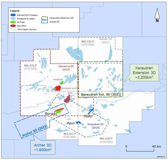 Locations of the Pavo and Apus prospects, and the Archer and Keraudren Extension 3D surveys.