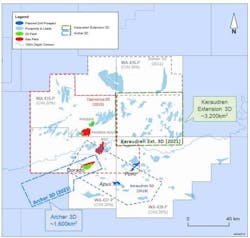 Locations of the Pavo and Apus prospects, and the Archer and Keraudren Extension 3D surveys. Locations of the Pavo and Apus prospects, and the Archer and Keraudren Extension 3D surveys.