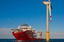 Service Vessel With Walk To Work Gangway Deployed To Offshore Wind Turbine