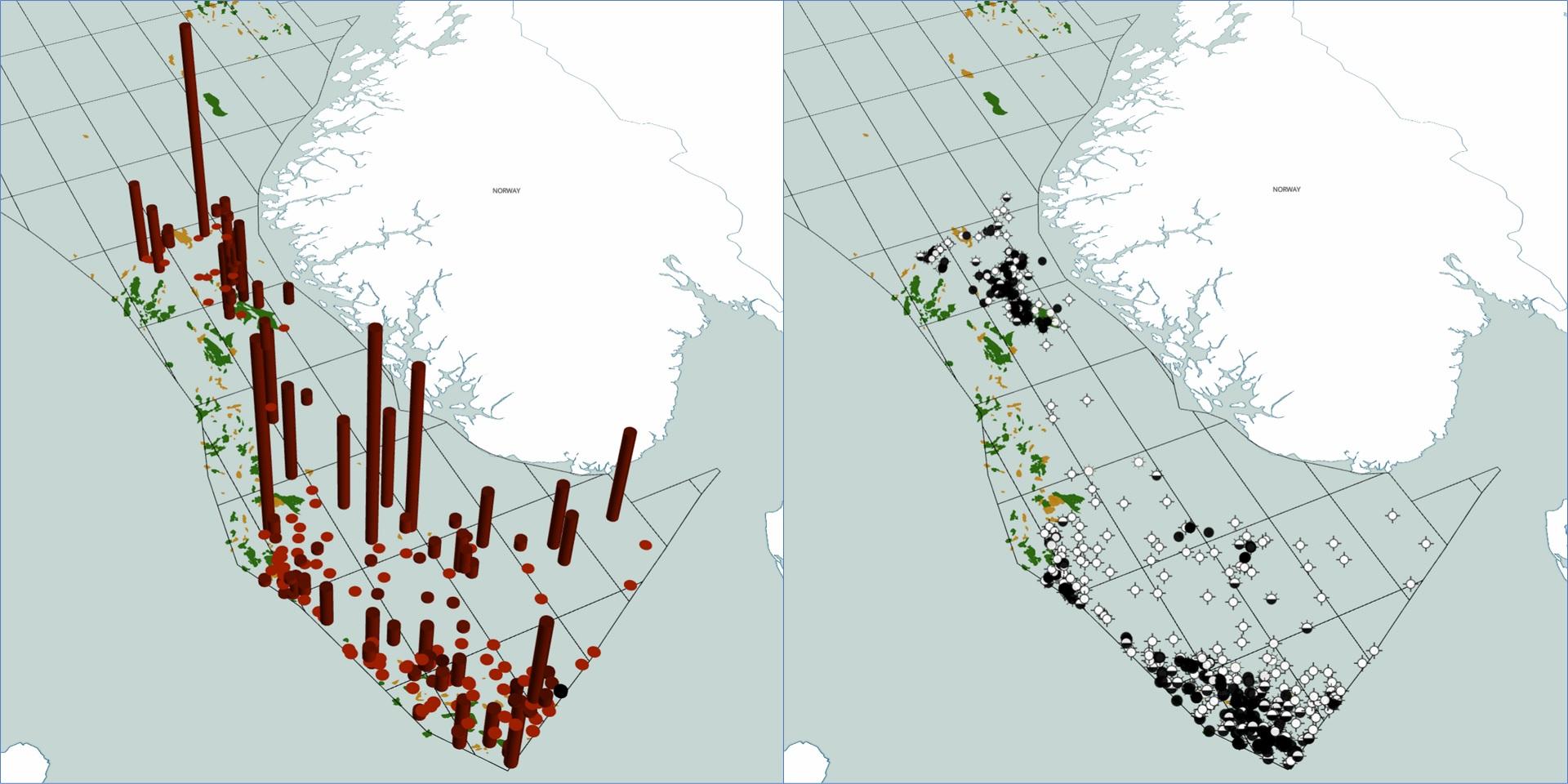 The map on the left shows all the wells included in the study. The map on the right shows wells with potential missed pay. The height of the columns indicates the thickness of the overlooked intervals.