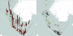 The map on the left shows all the wells included in the study. The map on the right shows wells with potential missed pay. The height of the columns indicates the thickness of the overlooked intervals. The map on the left shows all the wells included in the study. The map on the right shows wells with potential missed pay. The height of the columns indicates the thickness of the overlooked intervals.