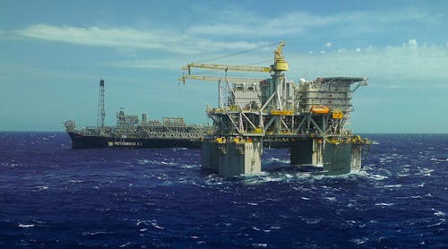 The P-61 TLP and FPSO P-63 at the Papa-Terra field in the Campos basin offshore Brazil.