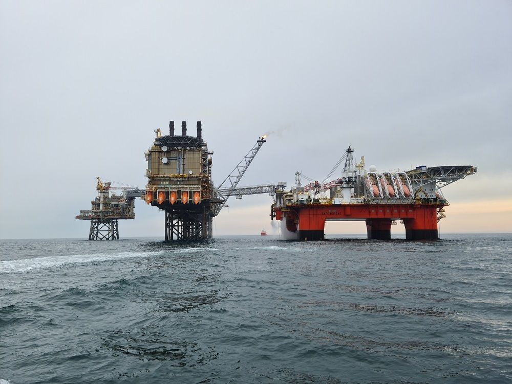 The Safe Boreas at the Buzzard platform complex in the UK central North Sea.