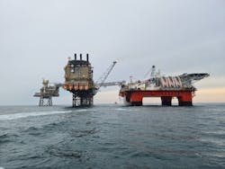 The Safe Boreas at the Buzzard platform complex in the UK central North Sea. The Safe Boreas at the Buzzard platform complex in the UK central North Sea.