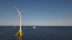 The TetraSpar Demonstrator floating wind turbine at the Metcentre test site in Norway. The TetraSpar Demonstrator floating wind turbine at the Metcentre test site in Norway.