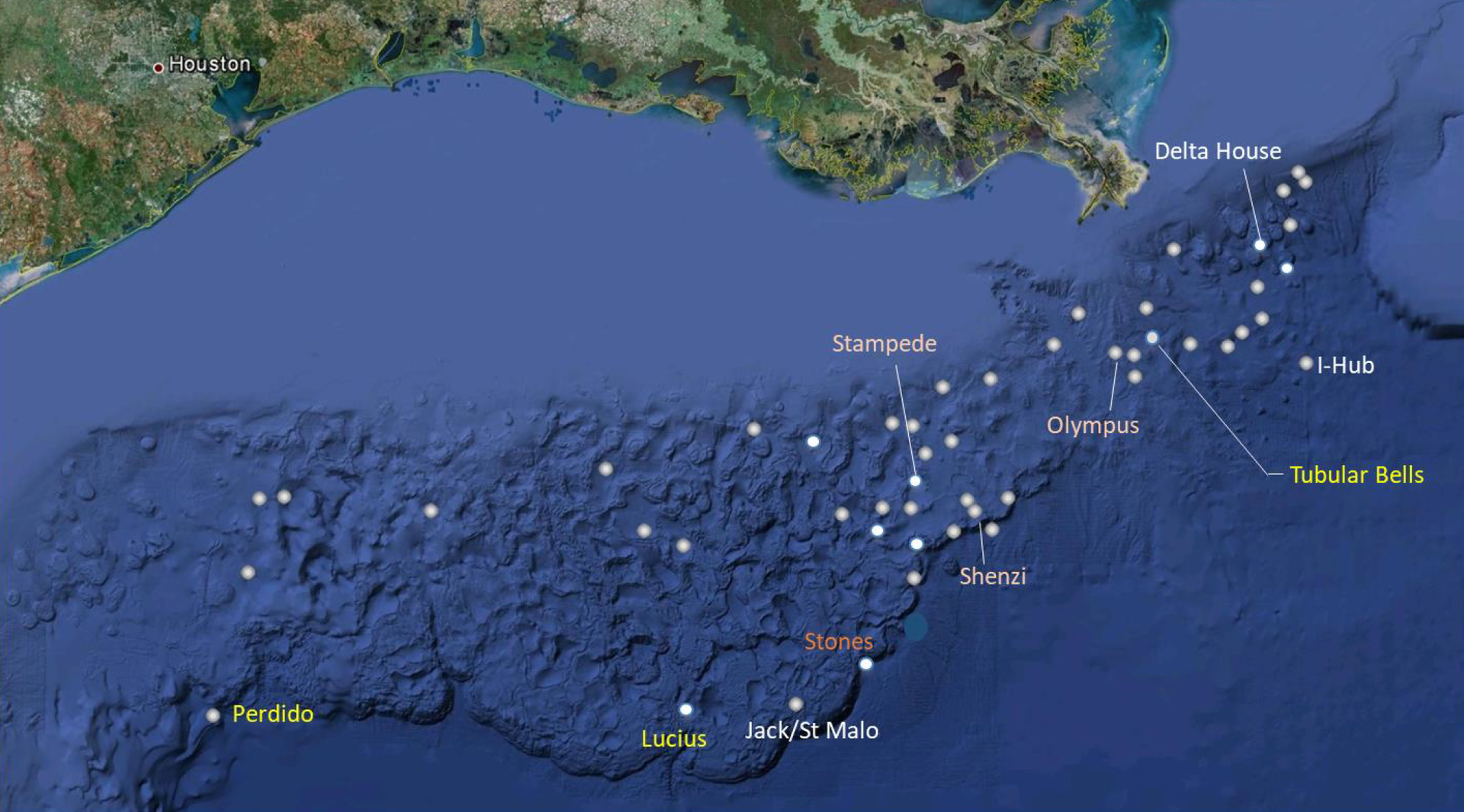 Locations of the 10 deepwater Gulf of Mexico field development projects.