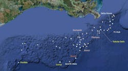 Locations of the 10 deepwater Gulf of Mexico field development projects. Locations of the 10 deepwater Gulf of Mexico field development projects.
