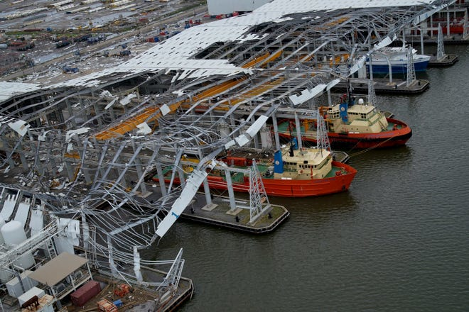 Ship docking facilities at Port Fourchon in the wake of Hurricane Ida.
