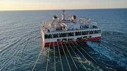 The Ramform Hyperion towing 18 x 75-m x 8,025-m GeoStreamer spread. The Ramform Hyperion towing 18 x 75-m x 8,025-m GeoStreamer spread.