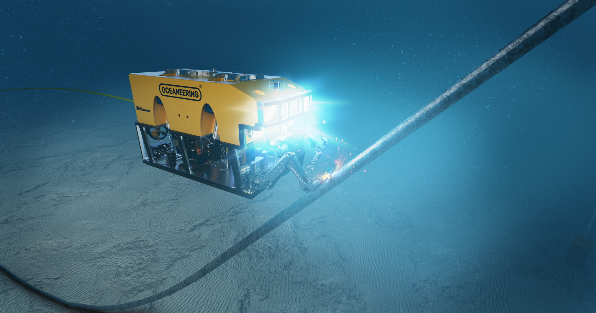 An illustration of the ROV making a second cut along the riser near the seabed.