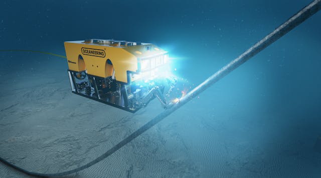 An illustration of the ROV making a second cut along the riser near the seabed.
