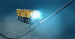 An illustration of the ROV making a second cut along the riser near the seabed. An illustration of the ROV making a second cut along the riser near the seabed.